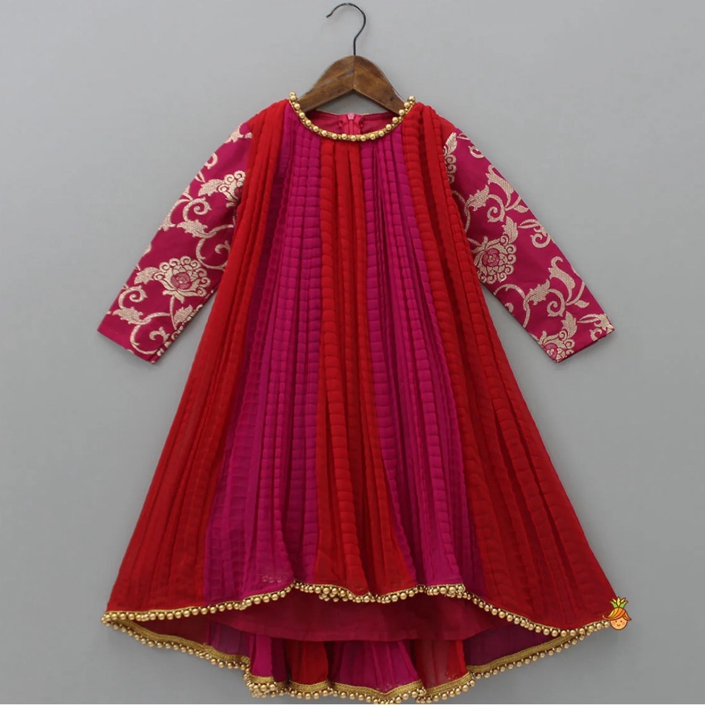 Embroidered full sleeves Kurti with artificial golden pearls over neckline.